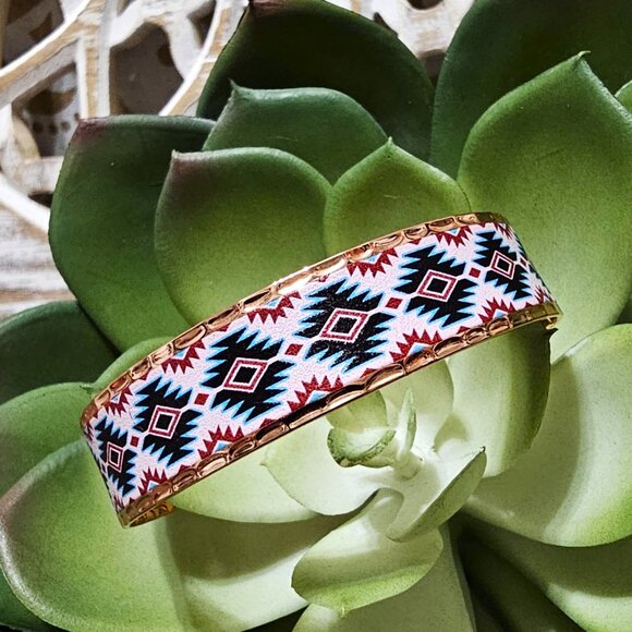 Cuff Bracelet, Copper Turquoise Black Burgundy White Southwestern Aztec Pattern - Picture 4 of 8